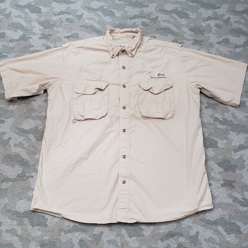 World Wide Sportsman Shirt Mens Large Tan Pockets Short Sleeve Button-Up Fishing